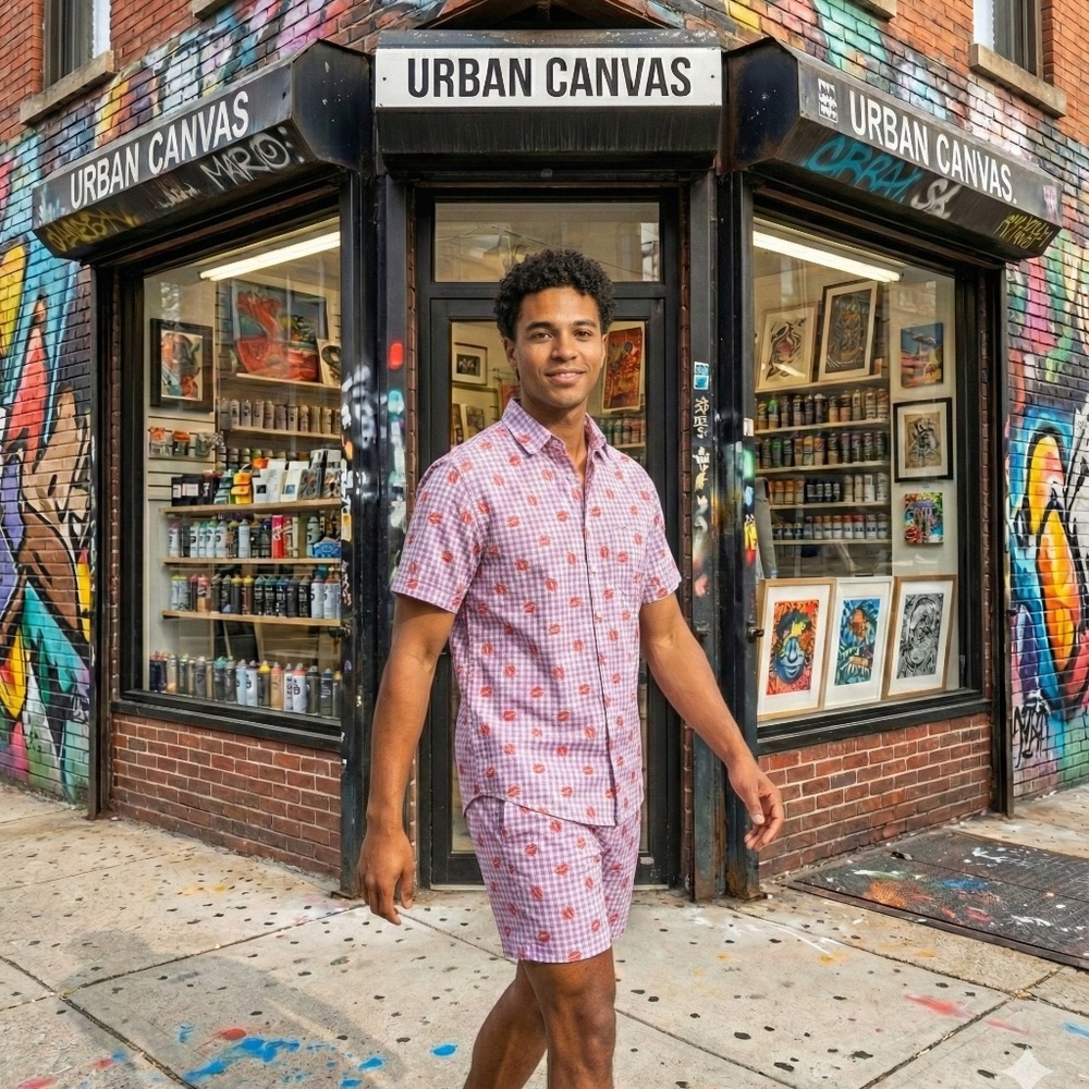 Lips on Plaid Pattern Shirt & Short Set